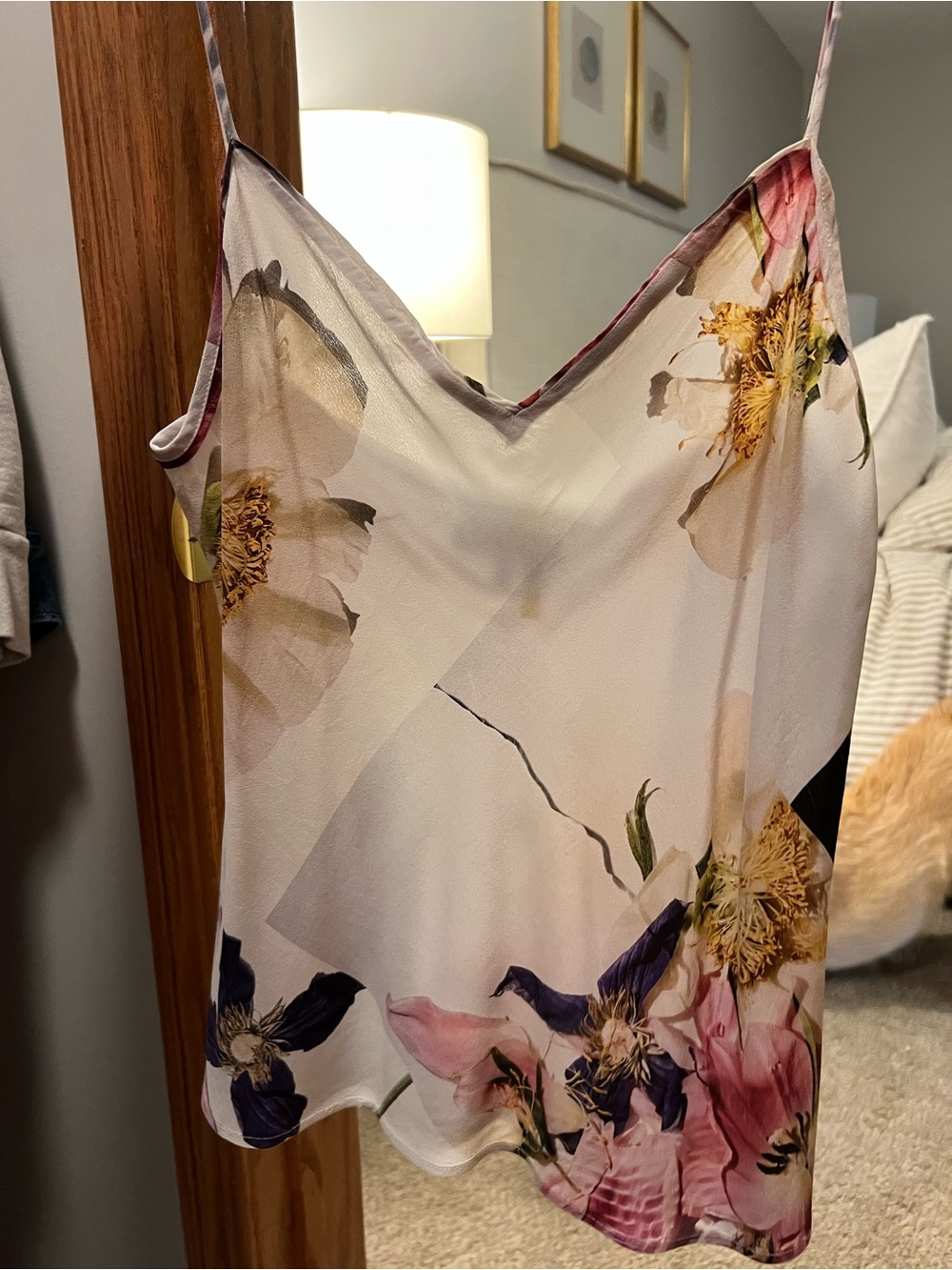 Ganni Floral Satin V-Neck Camisole in Cream, Pink, Purple